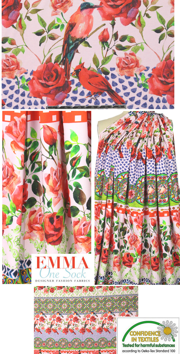 Dutch digital 'robins and roses' cotton/lycra panel knit  2 yd