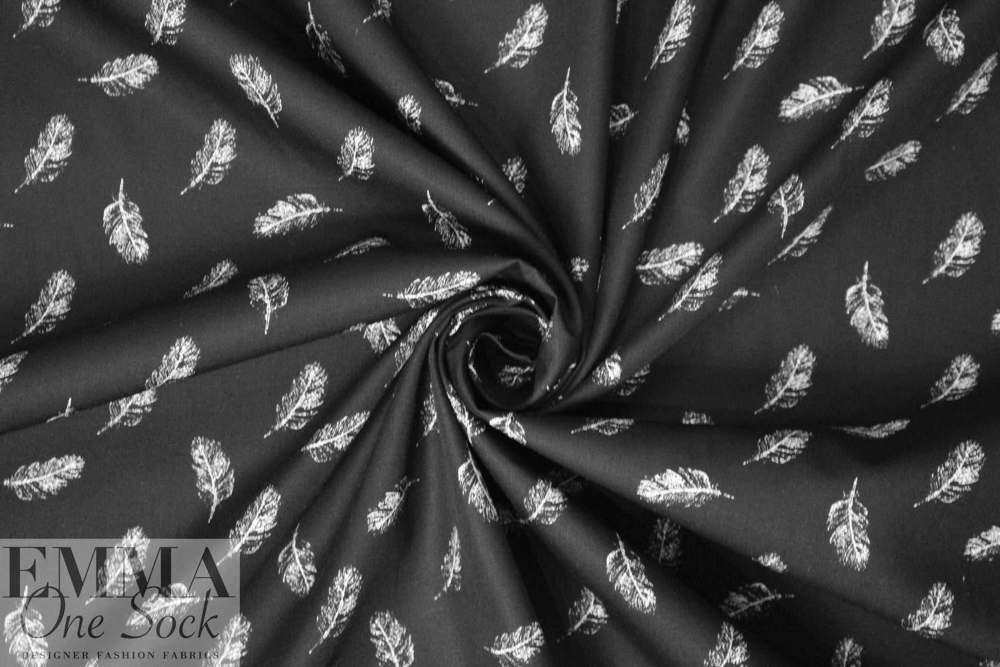 Dutch digital feathers cotton poplin - white on black 1.125 yds
