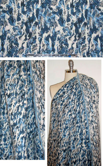 French blue/cream abstract stretch cotton brocade
