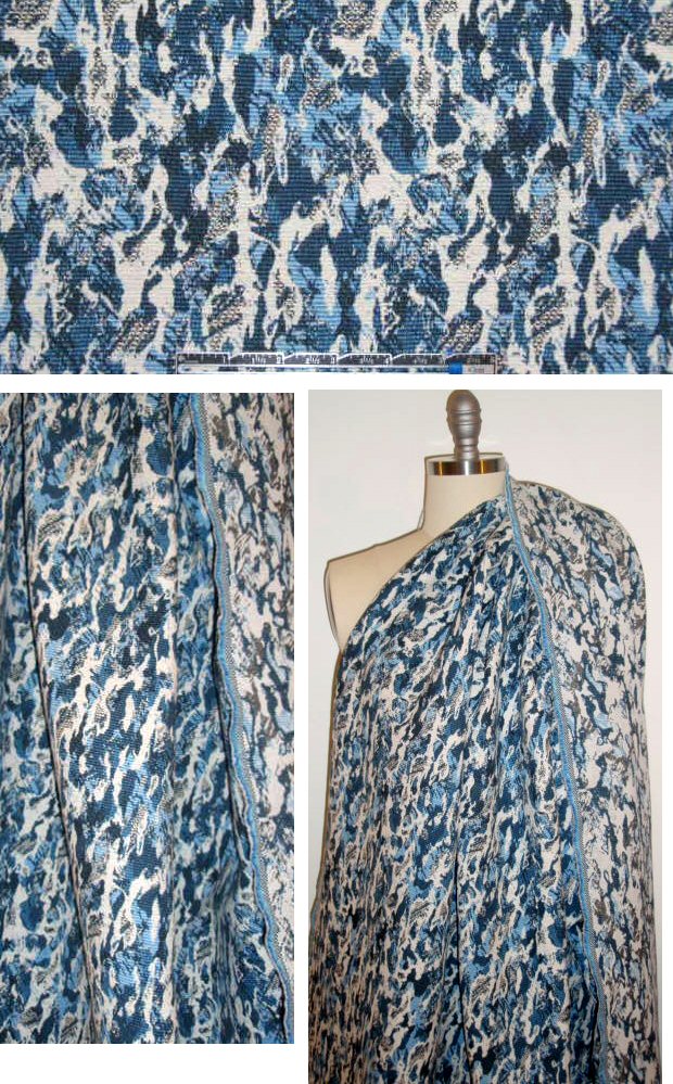 French blue/cream abstract stretch cotton brocade 1.5 yd
