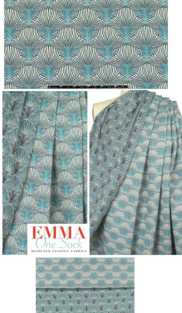 famous designer feather graphic stretch brocade - aqua