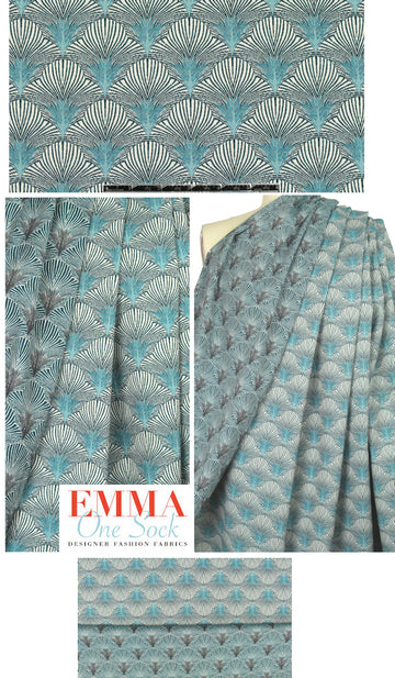 famous designer feather graphic stretch brocade - aqua