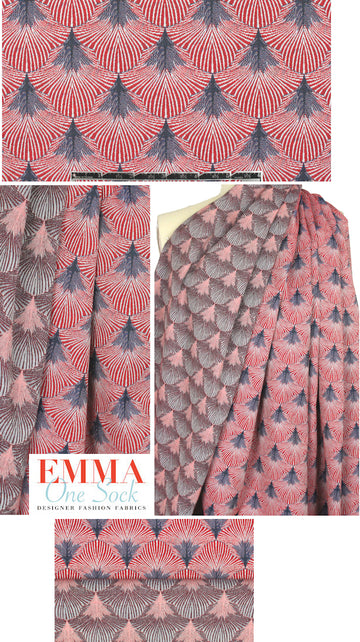 famous designer feather graphic stretch brocade - red