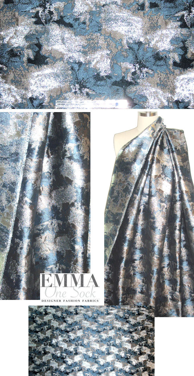 Italian smokey blue/silver metallic stretch brocade .80 yds