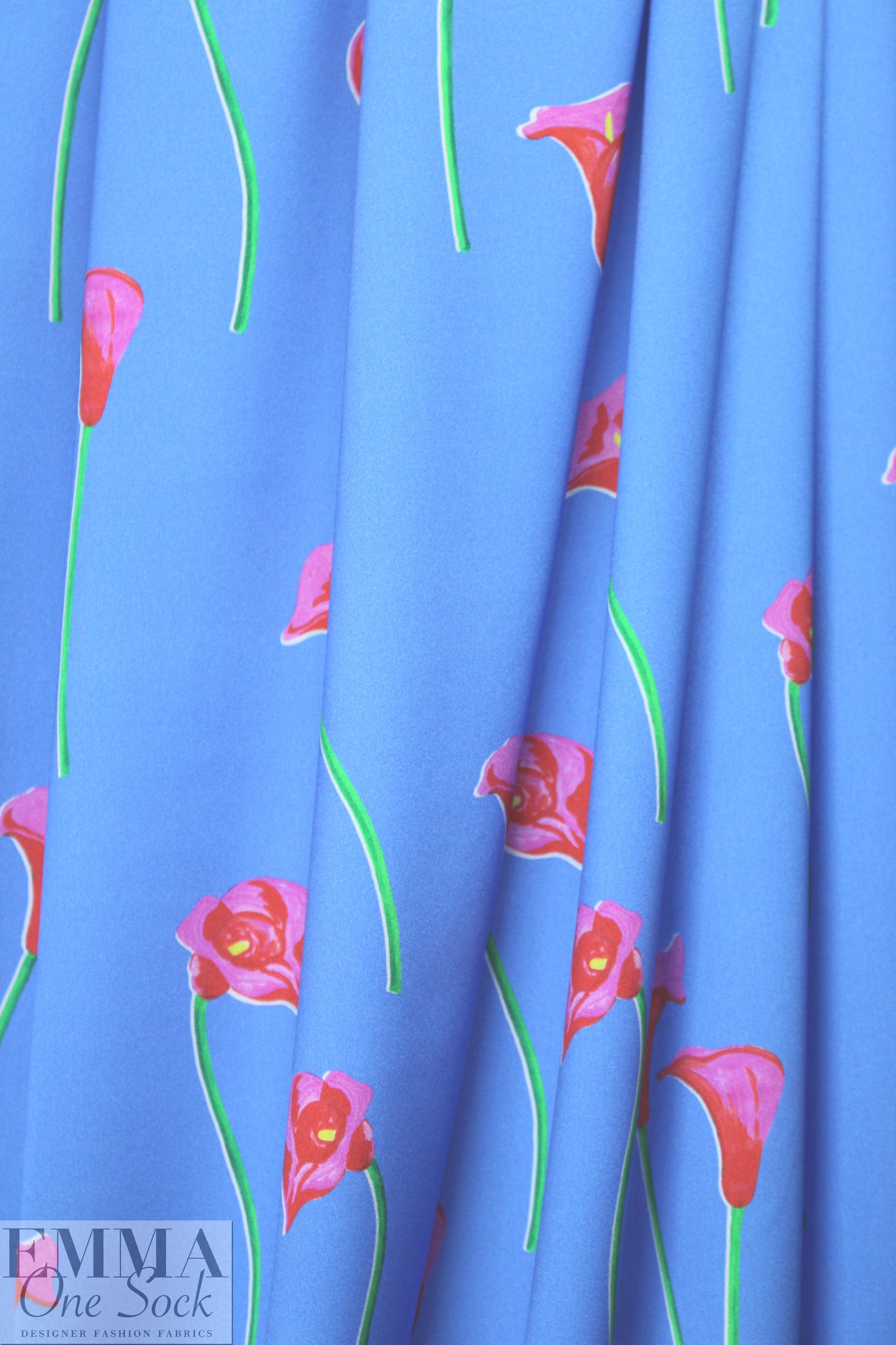 Caroline C0nstas stretch silk charmeuse - cala lilies, french blue 2.125 yds
