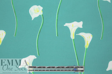 Caroline C0nstas stretch silk charmeuse - cala lilies, pool blue .75 yds