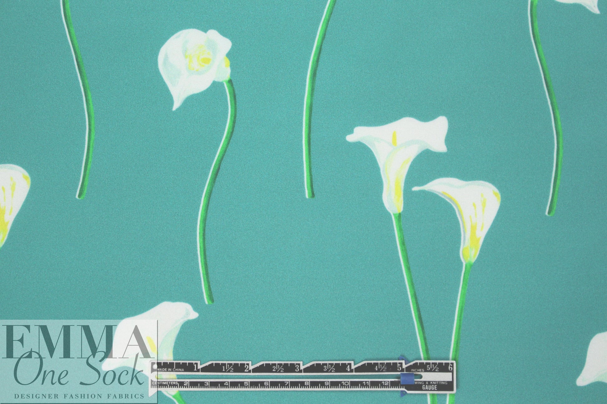 Caroline C0nstas stretch silk charmeuse - cala lilies, pool blue 1.5 yds