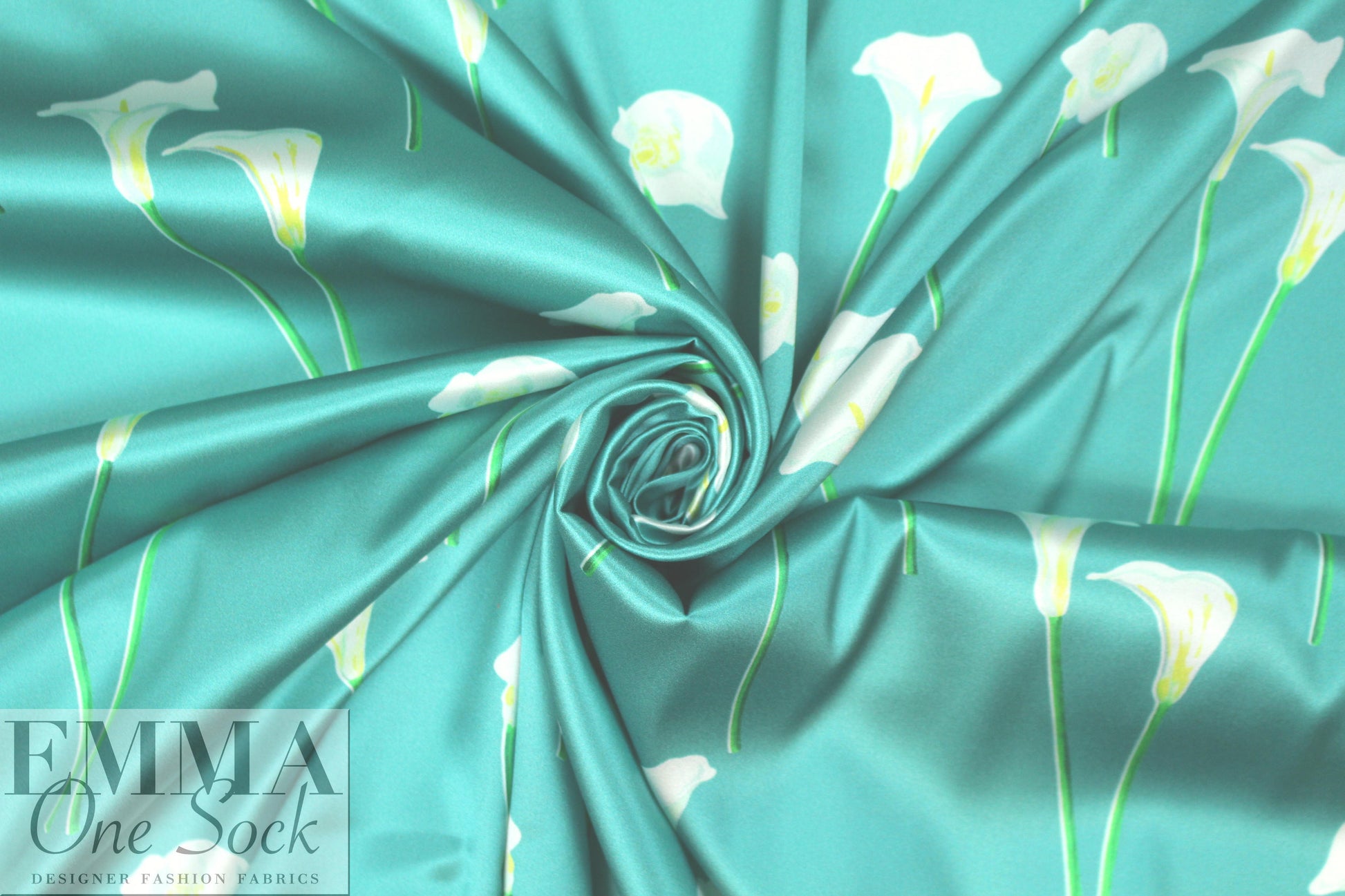 Caroline C0nstas stretch silk charmeuse - cala lilies, pool blue .75 yds