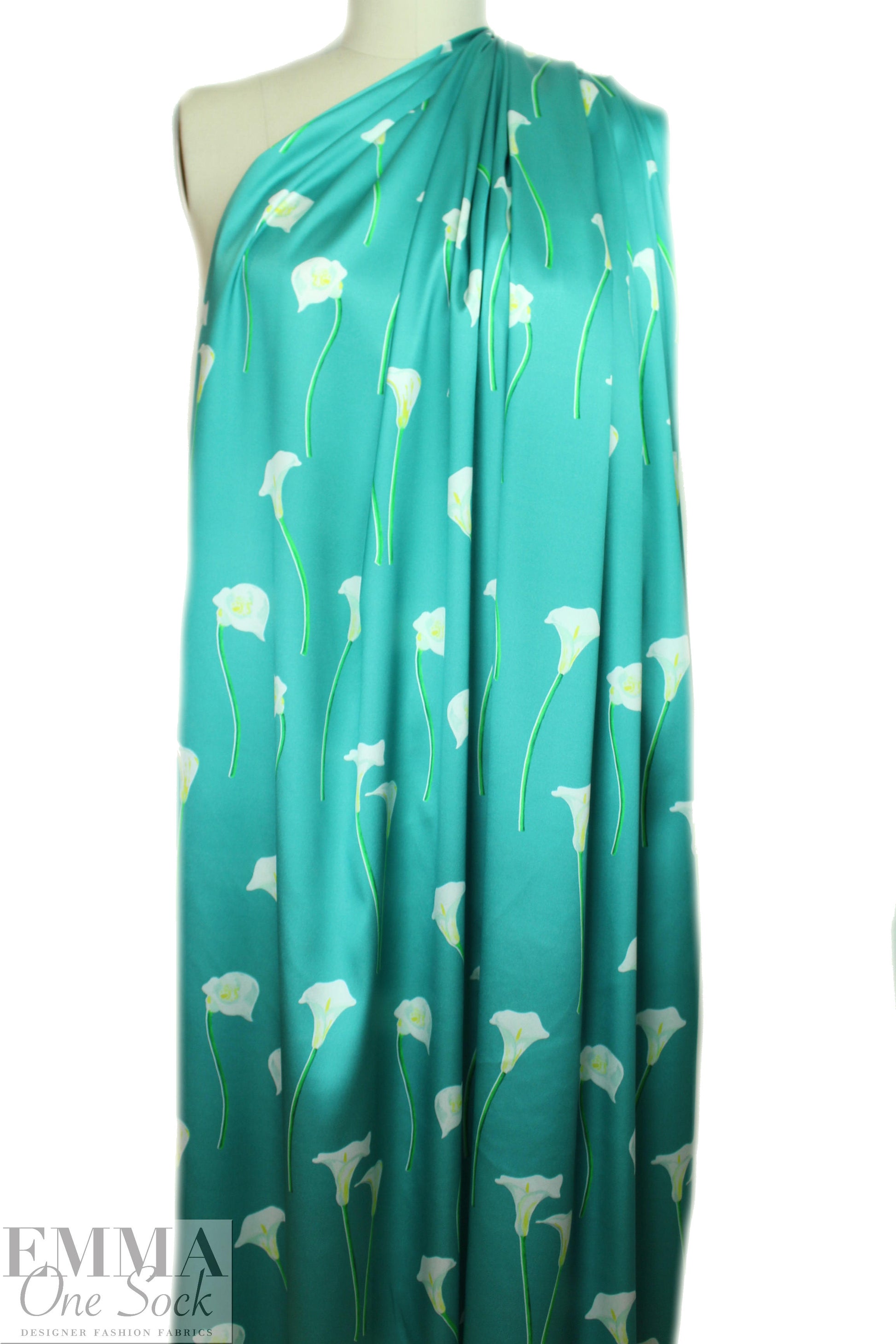 Caroline C0nstas stretch silk charmeuse - cala lilies, pool blue .75 yds