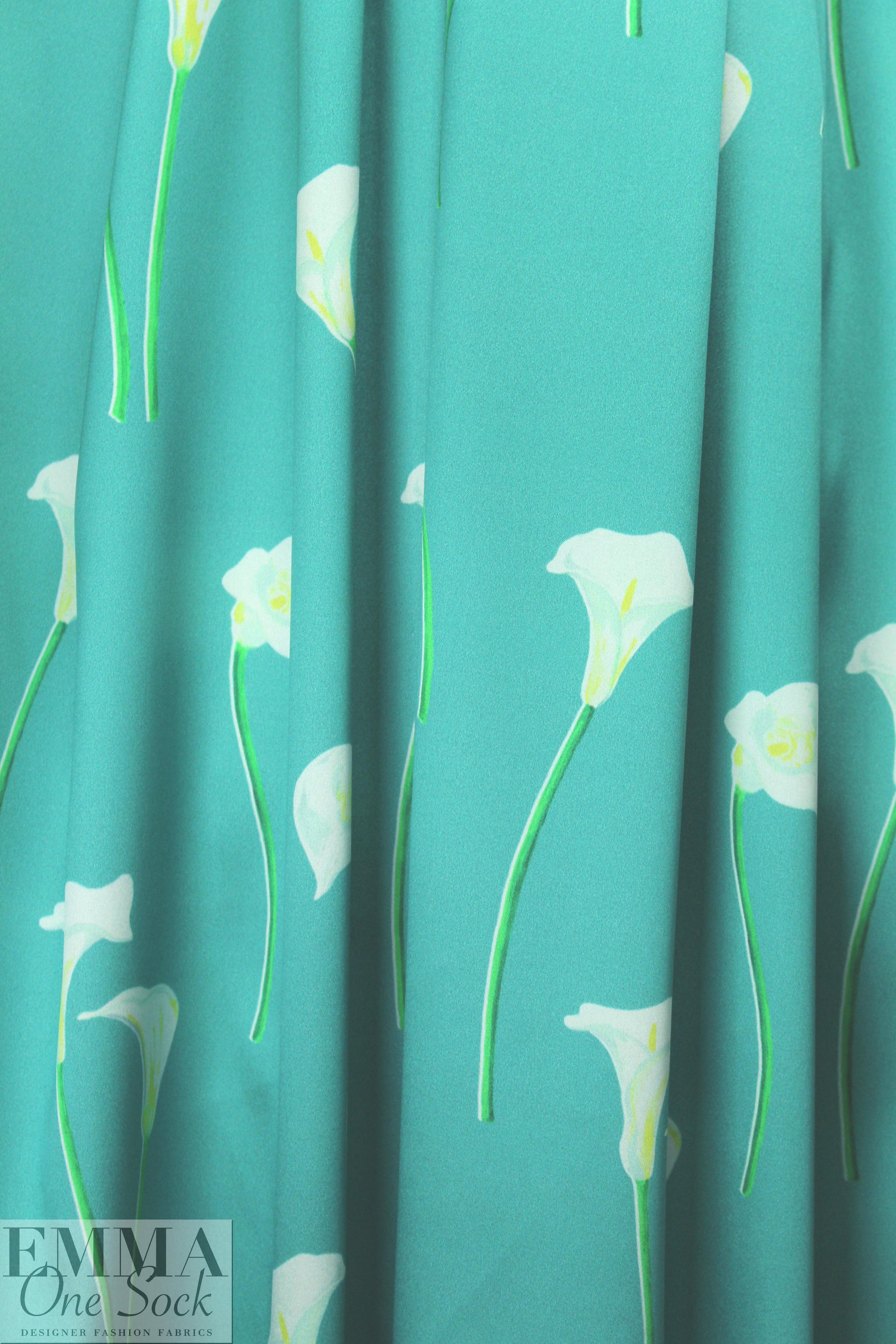 Caroline C0nstas stretch silk charmeuse - cala lilies, pool blue .75 yds