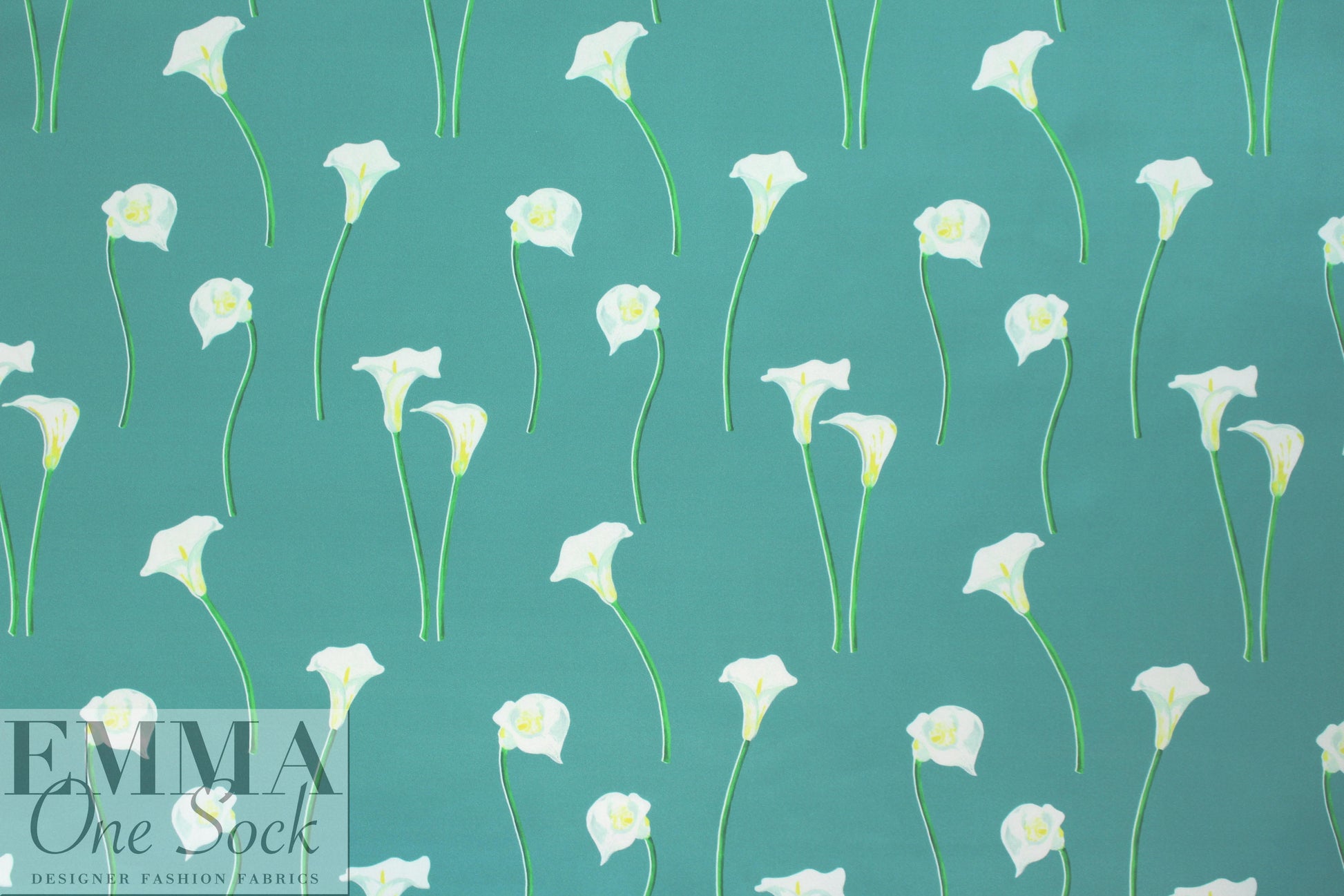 Caroline C0nstas stretch silk charmeuse - cala lilies, pool blue .75 yds