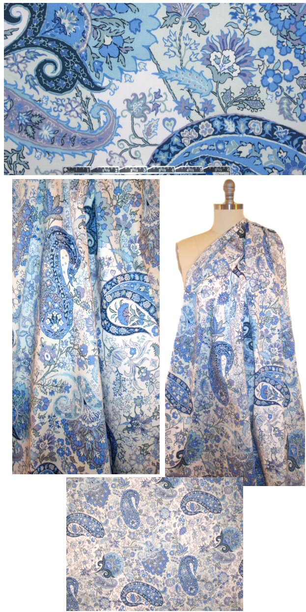 NY designer blue decorative paisley stretch cotton twill