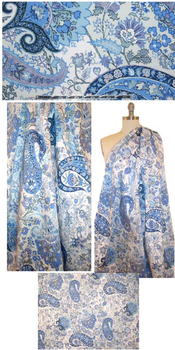 NY designer blue decorative paisley stretch cotton twill