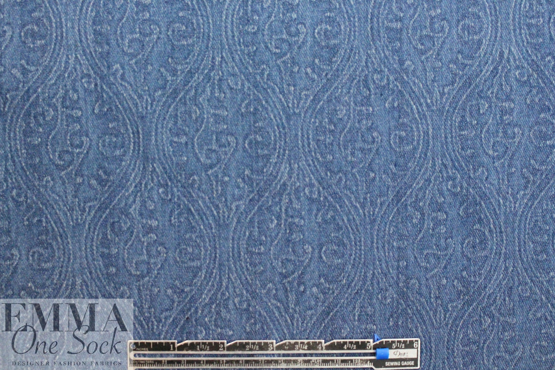 'faded scroll' printed stretch denim - blue 1.75 yds