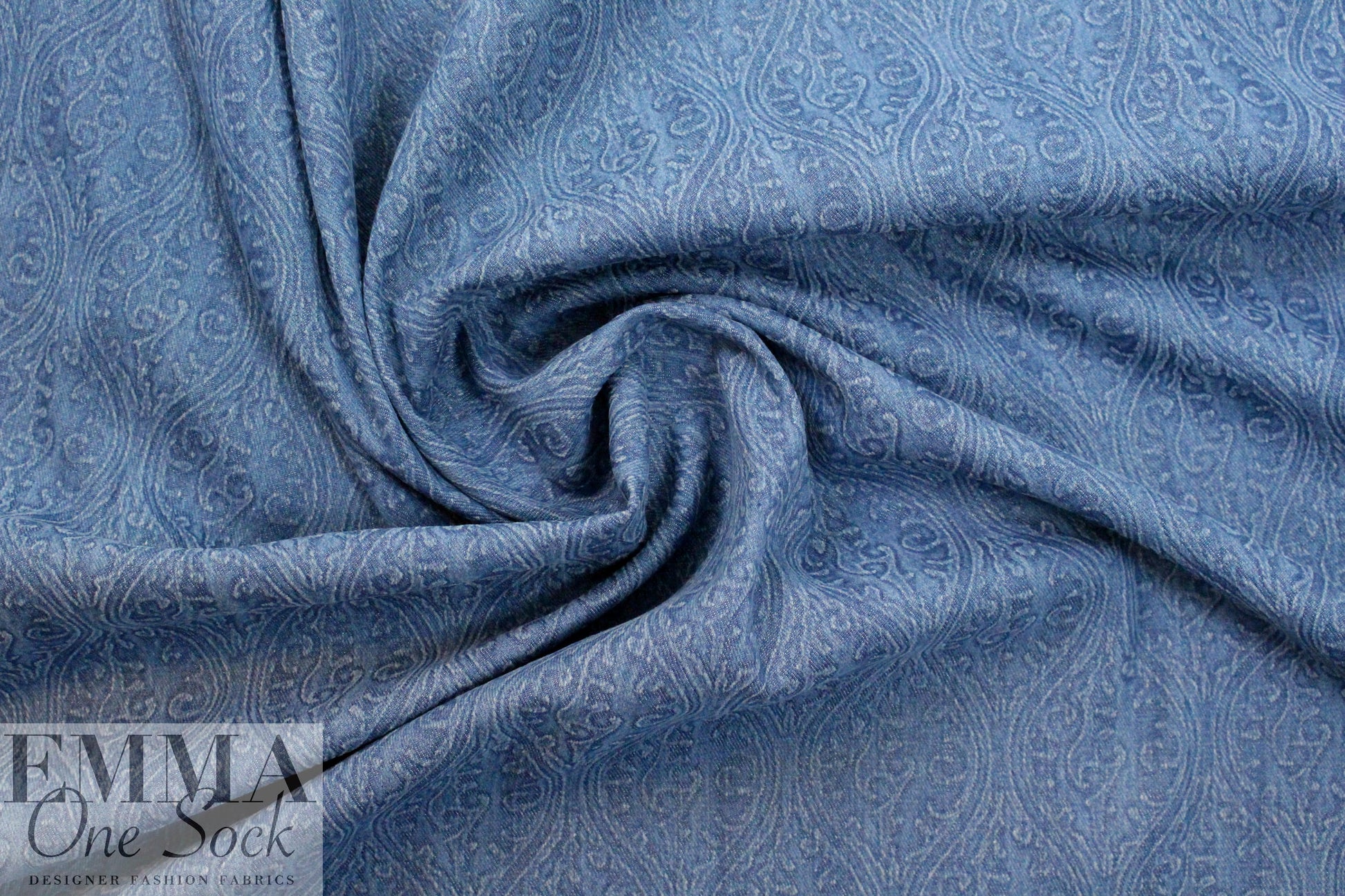 'faded scroll' printed stretch denim - blue 1.75 yds