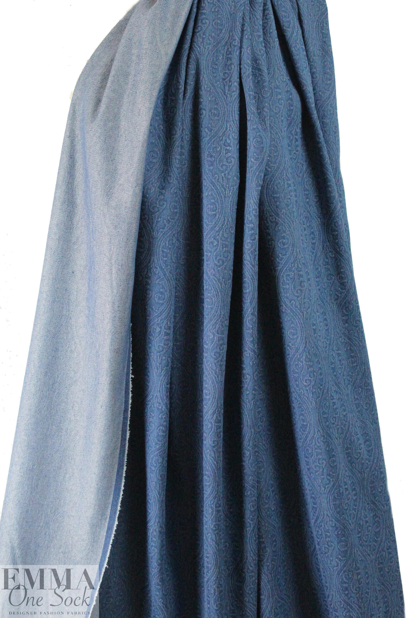 'faded scroll' printed stretch denim - blue .875 yds