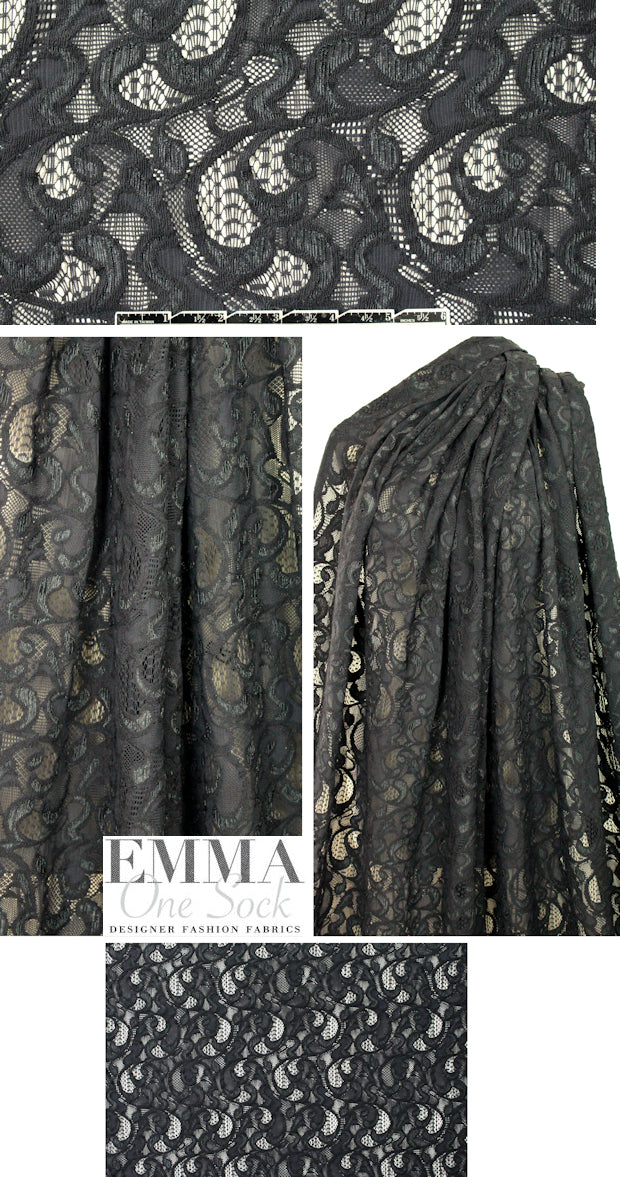 Italian texture paisley stretch lace - off-black