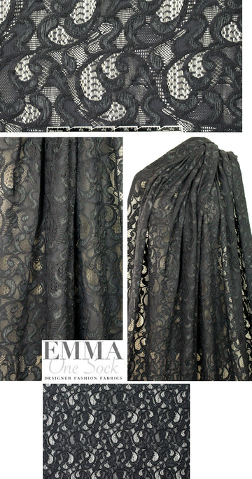 Italian texture paisley stretch lace - off-black
