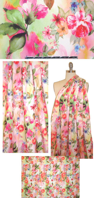 pique-textured floral printed knit - pink/lemon 1.625 yd