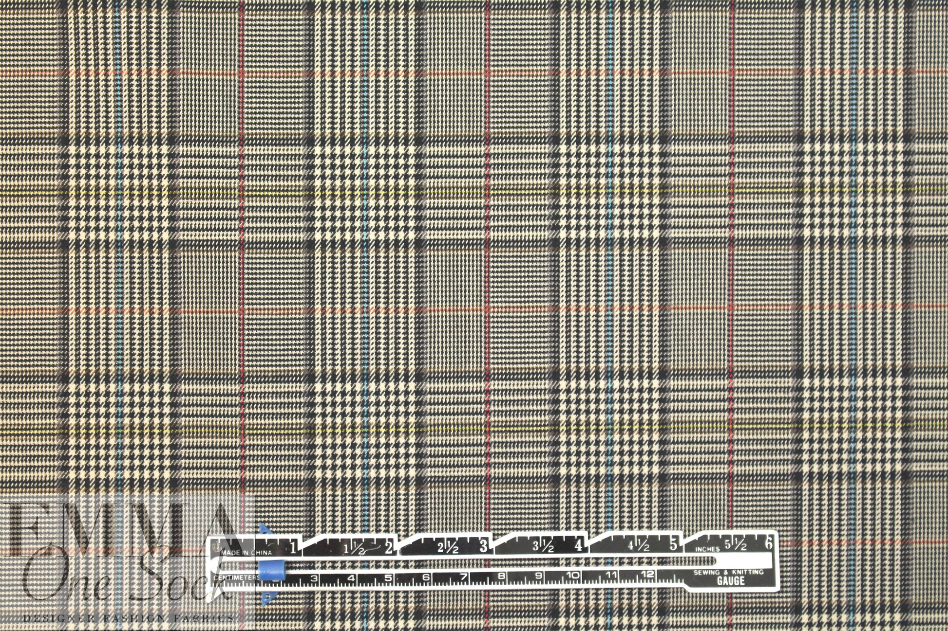 Italian stretch glen plaid suiting -  licorice/aqua/rust
