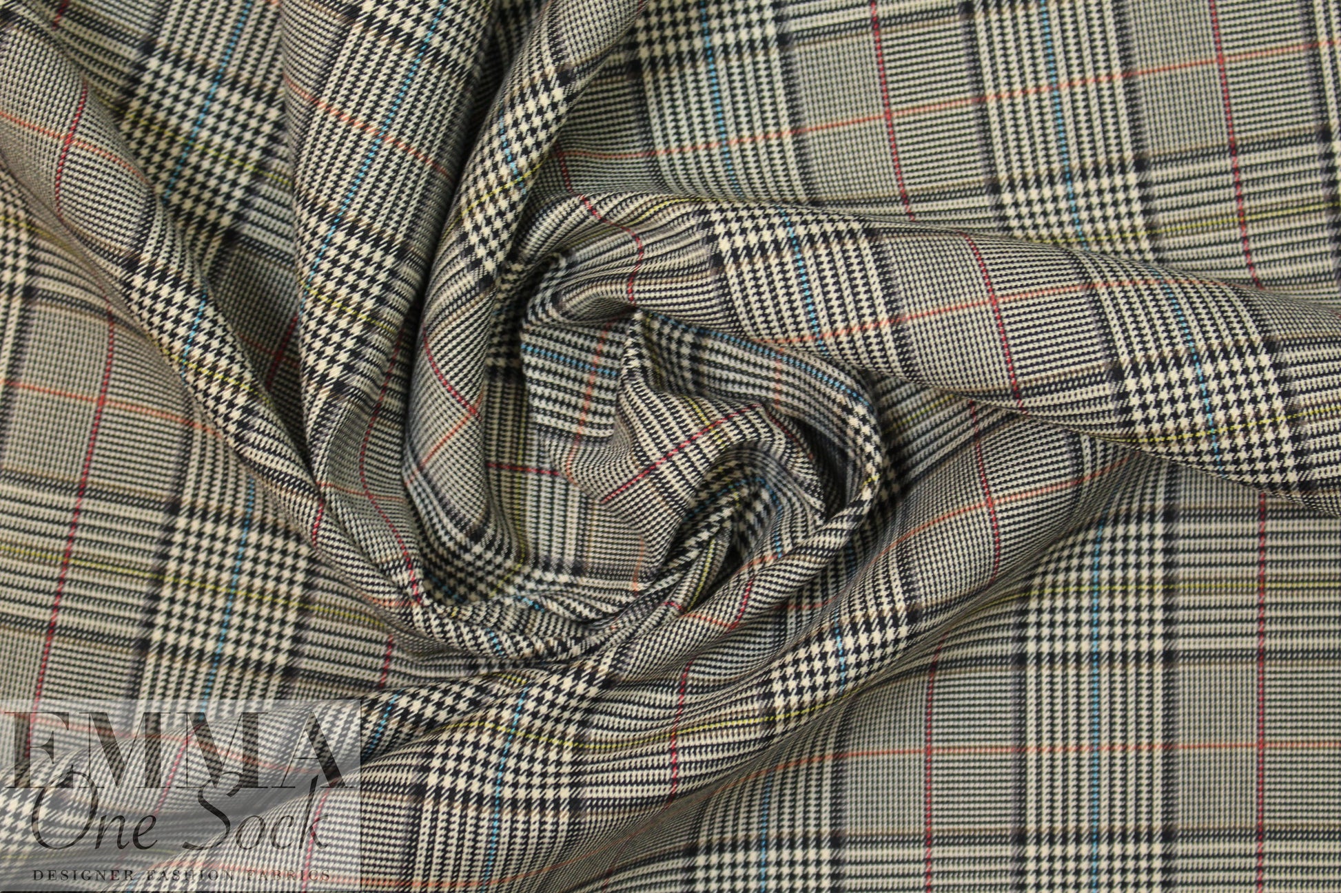 Italian stretch glen plaid suiting -  licorice/aqua/rust