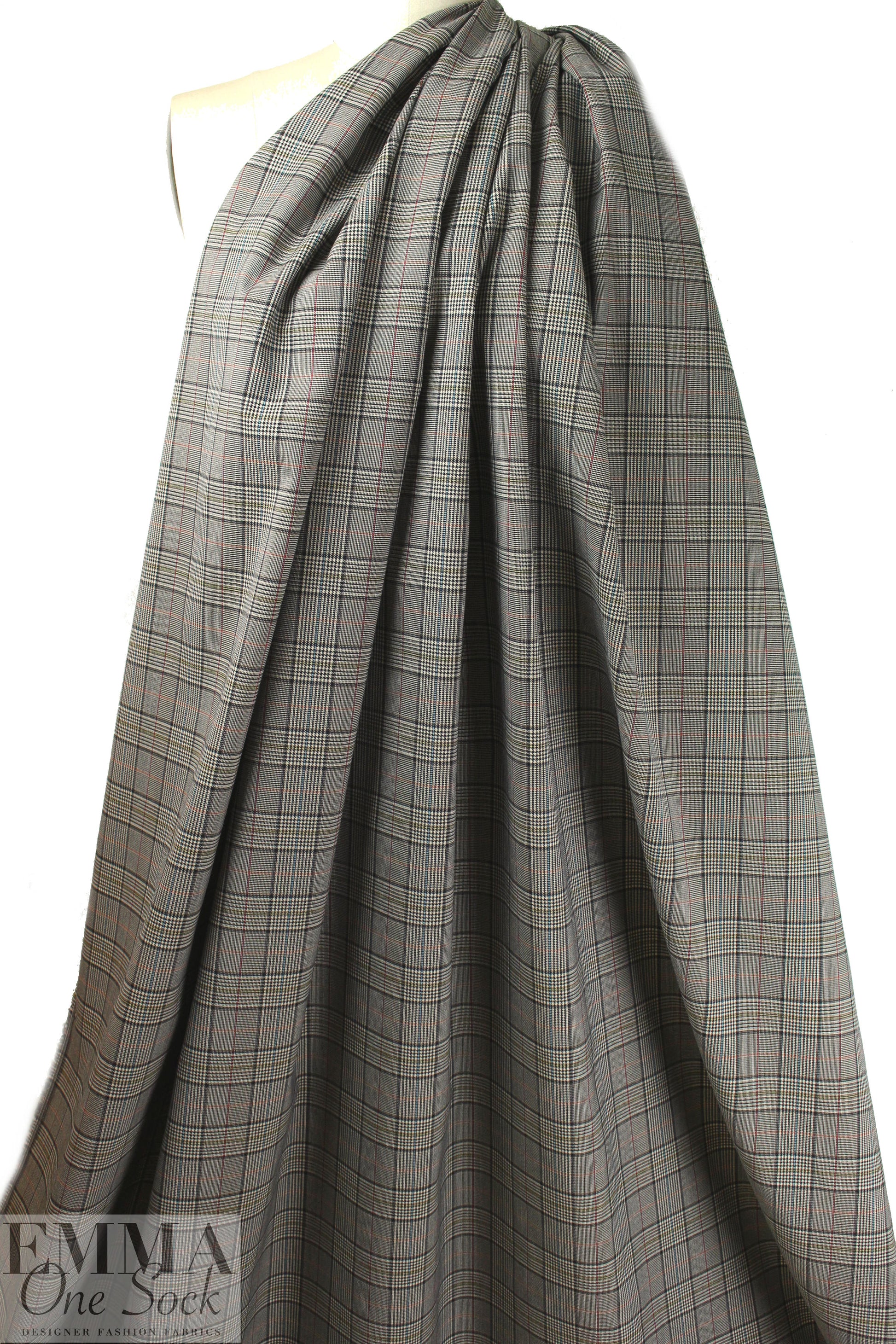 Italian stretch glen plaid suiting -  licorice/aqua/rust