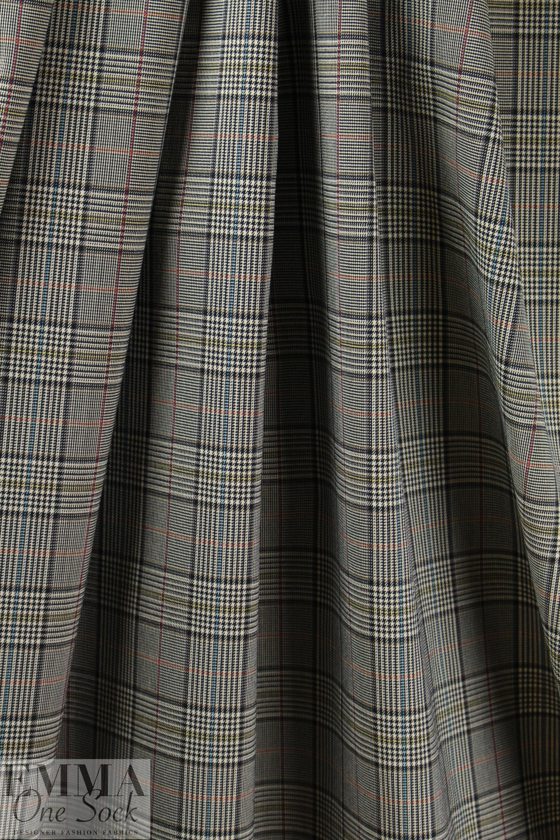 Italian stretch glen plaid suiting -  licorice/aqua/rust