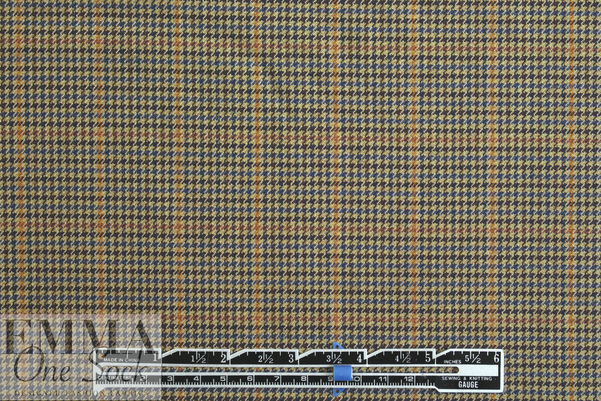 NY designer stretch yarn dyed plaid - camel houndstooth