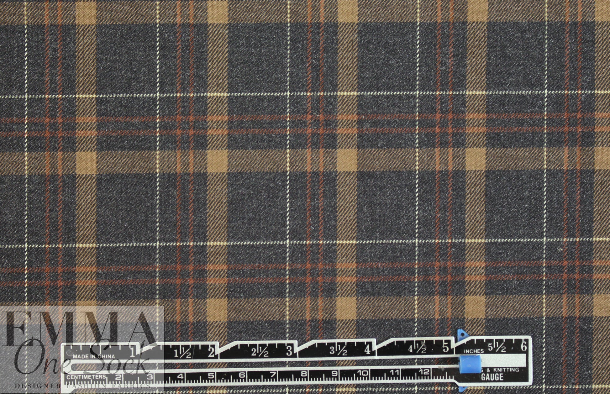 NY designer stretch yarn dyed plaid - charcoal/camel .75 yds
