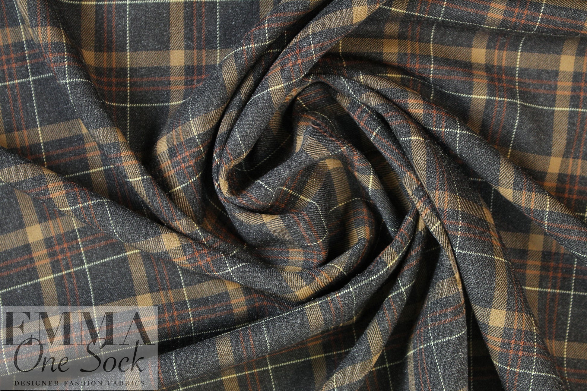 NY designer stretch yarn dyed plaid - charcoal/camel .75 yds