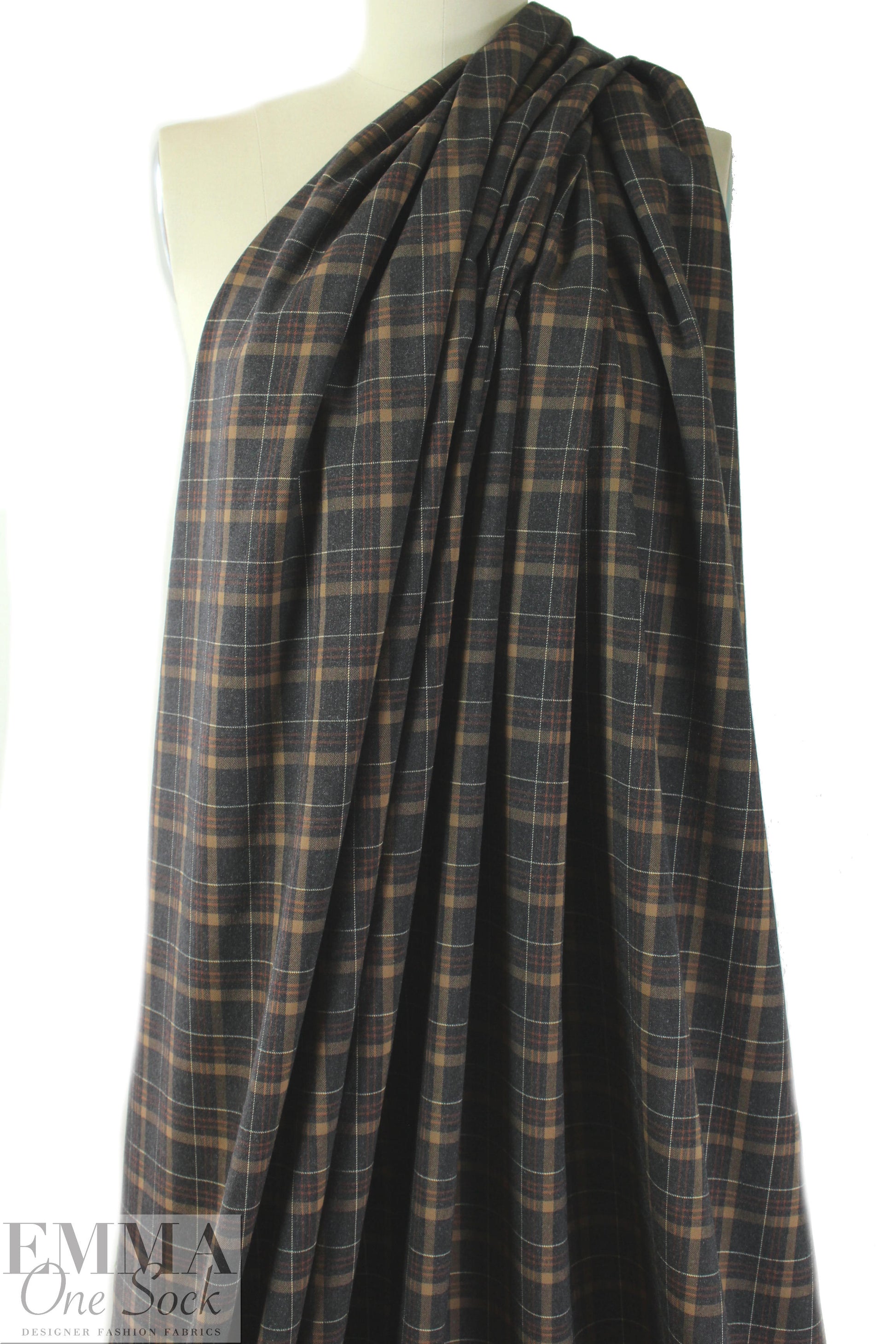 NY designer stretch yarn dyed plaid - charcoal/camel