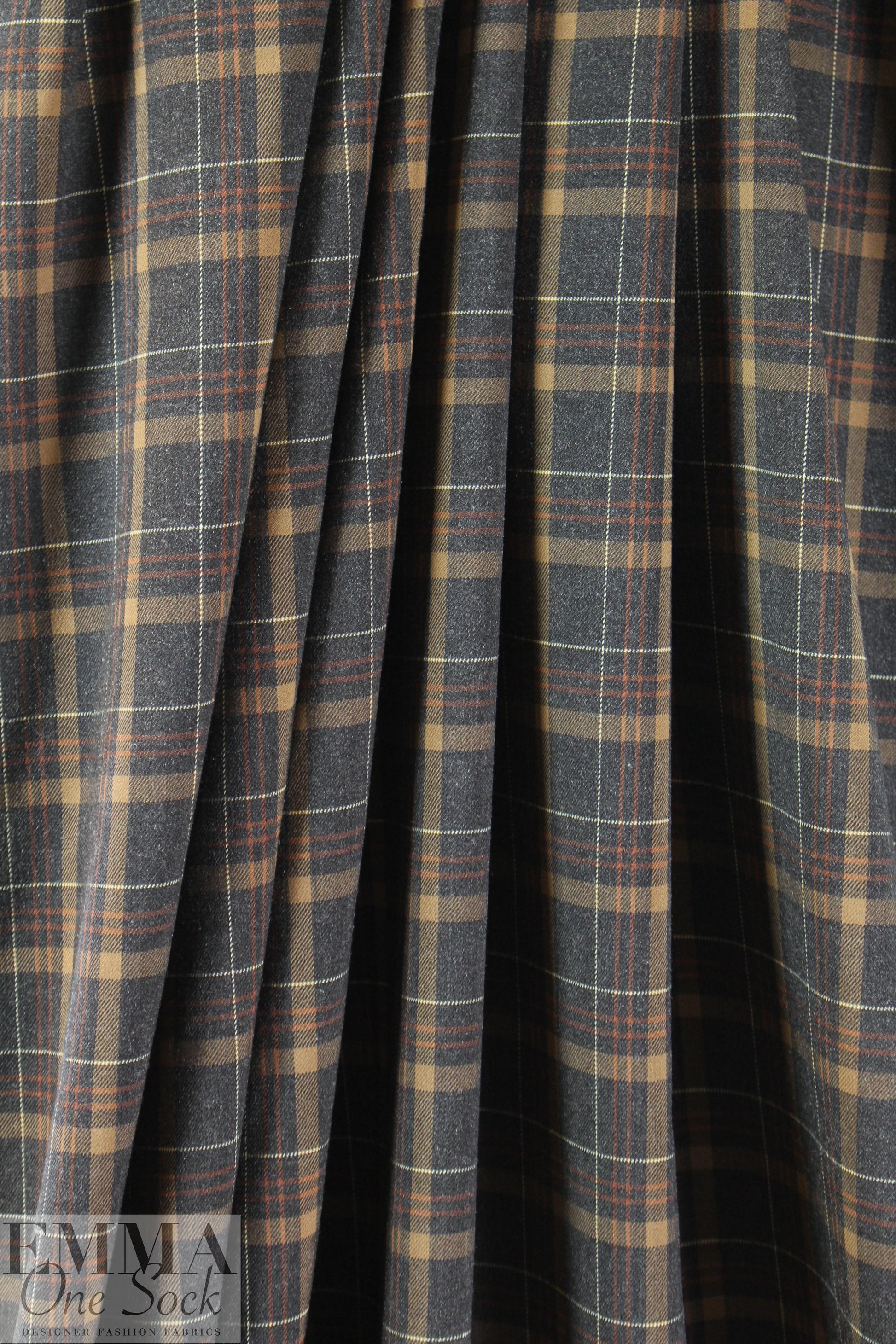 NY designer stretch yarn dyed plaid - charcoal/camel