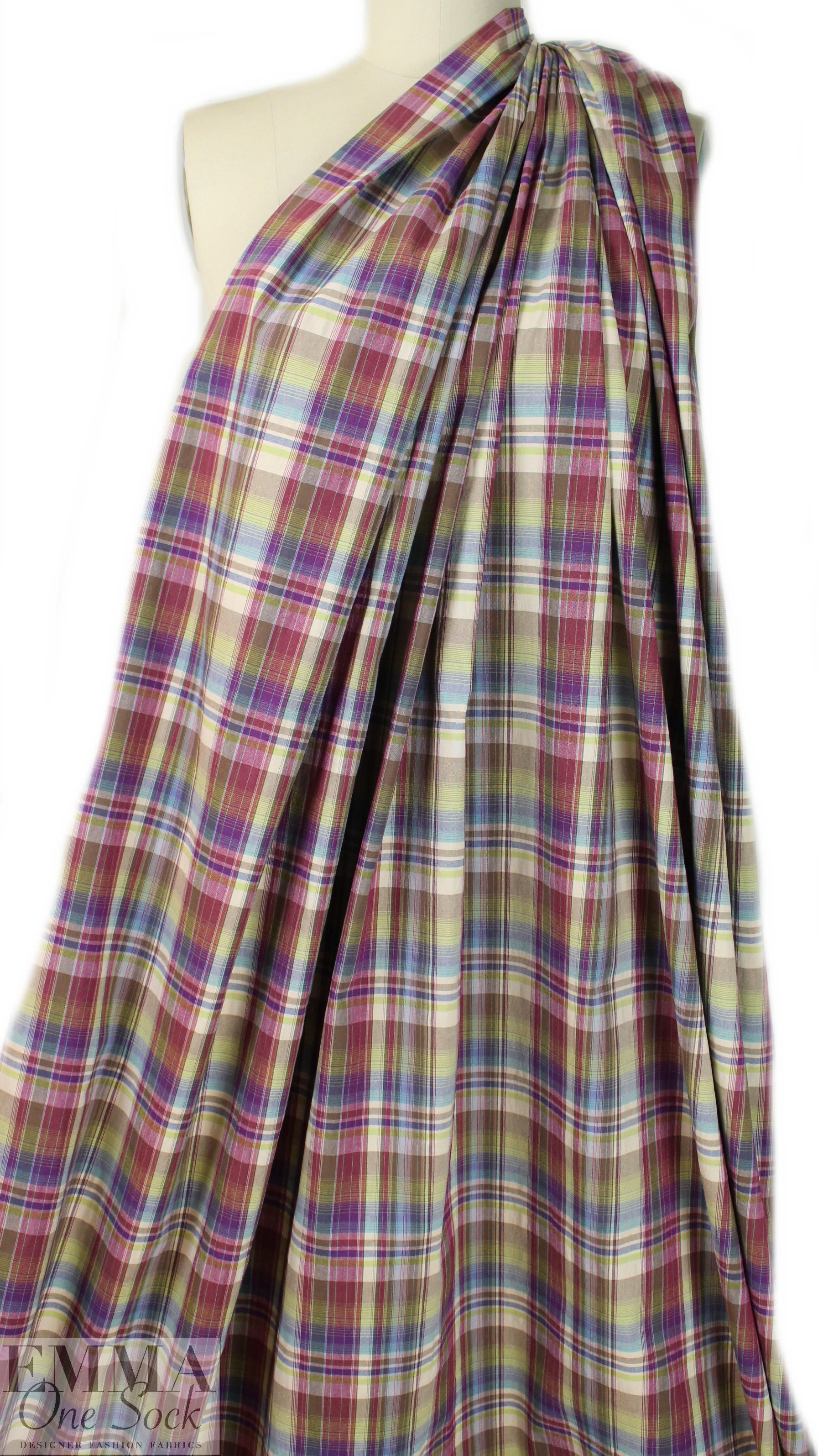 NY designer plum/olive yarn-dyed cotton stretch plaid