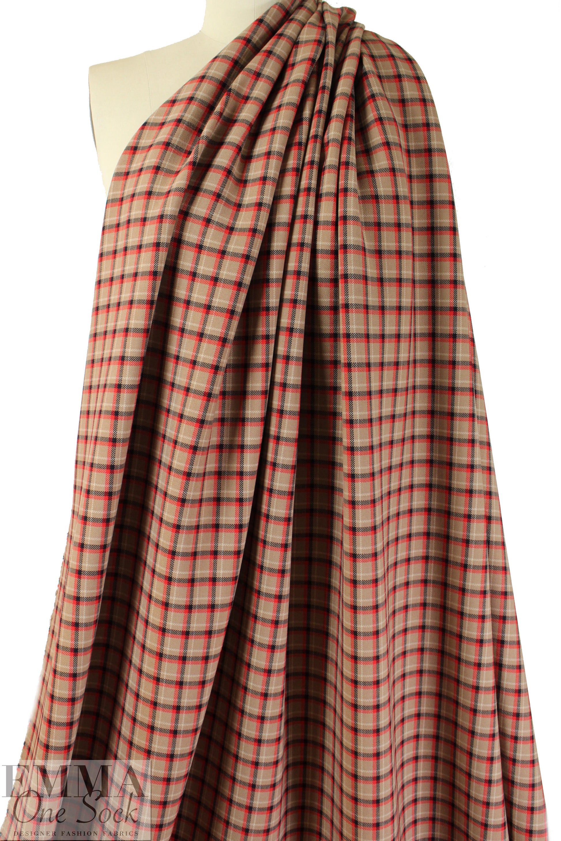 NY designer stretch yarn dyed plaid - red/black/camel