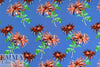 famous designer flower on blue silk stretch woven