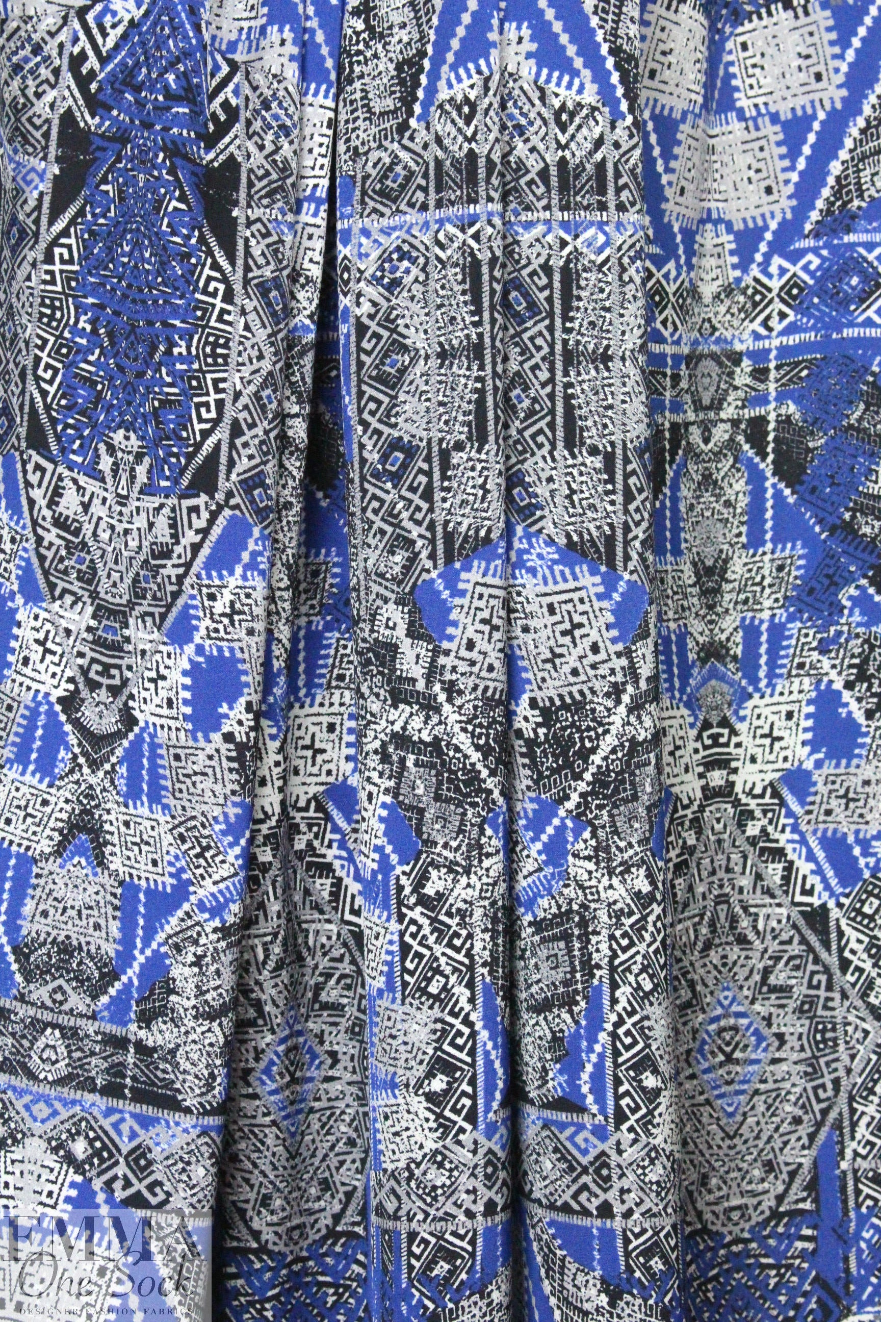 NY designer blue/black/silver stretch silk woven