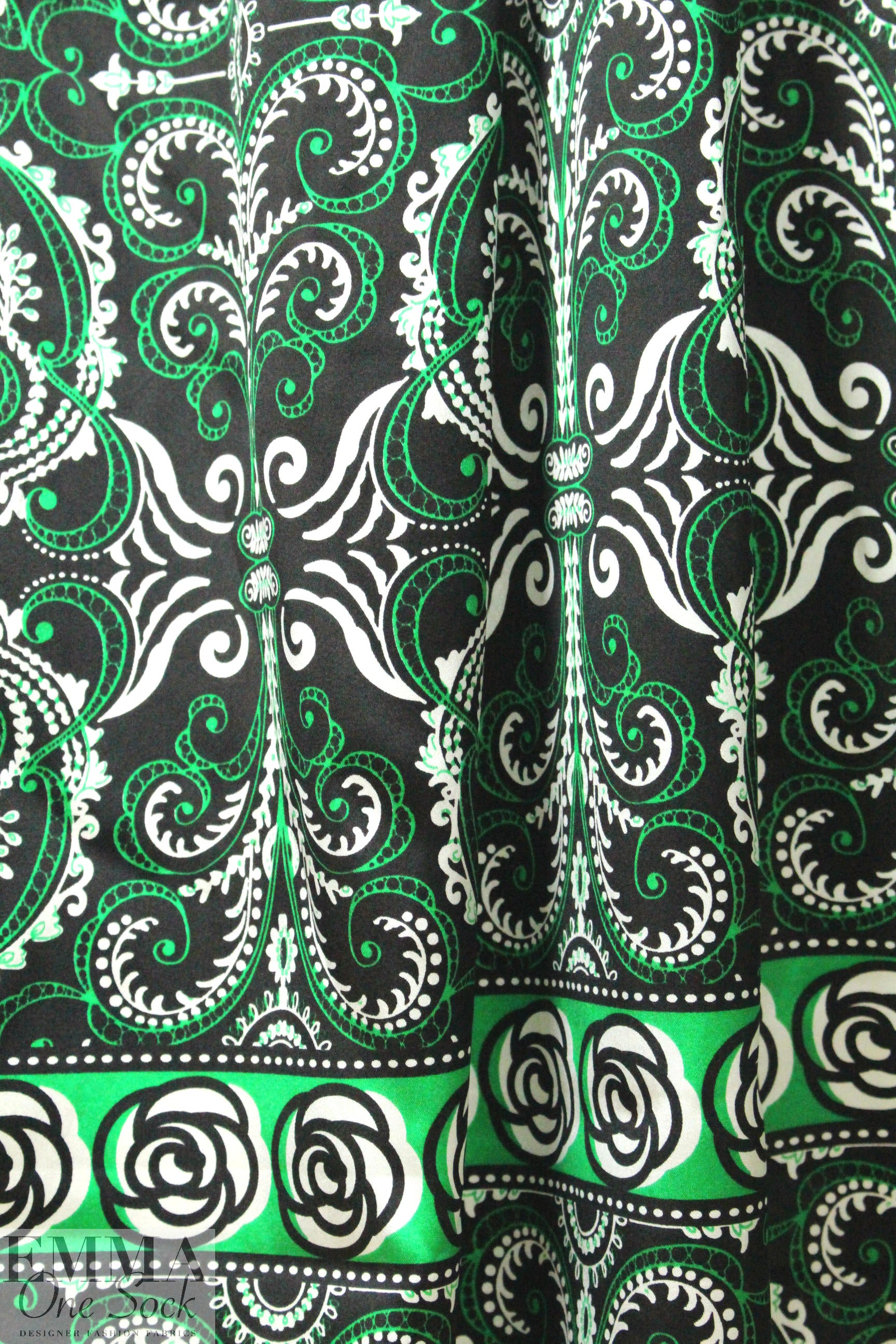 NY designer kelly scroll panel stretch silk charmeuse
