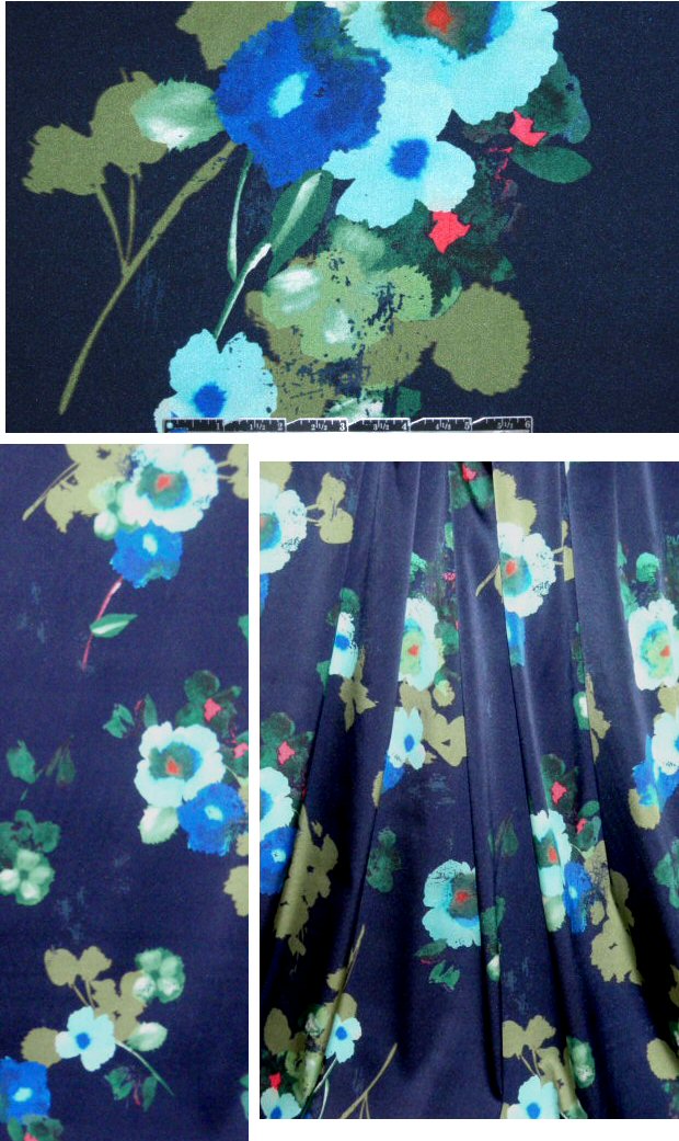 Tahari midnight/emerald floral stretch silk charmeuse .75 yds