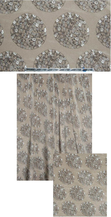 NY designer taupe flowery circles silk stretch CDC .625 yds