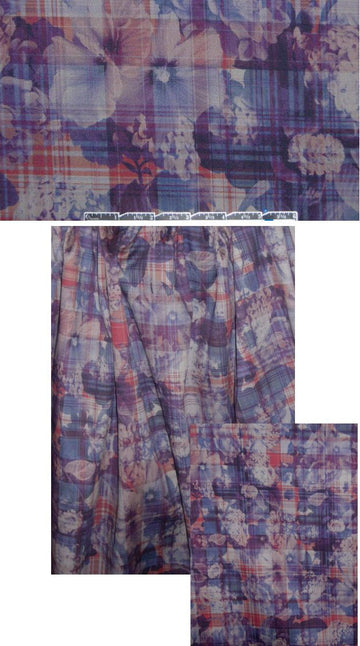 French floral plaid stretch twill - indigo/rust 1.375 yd