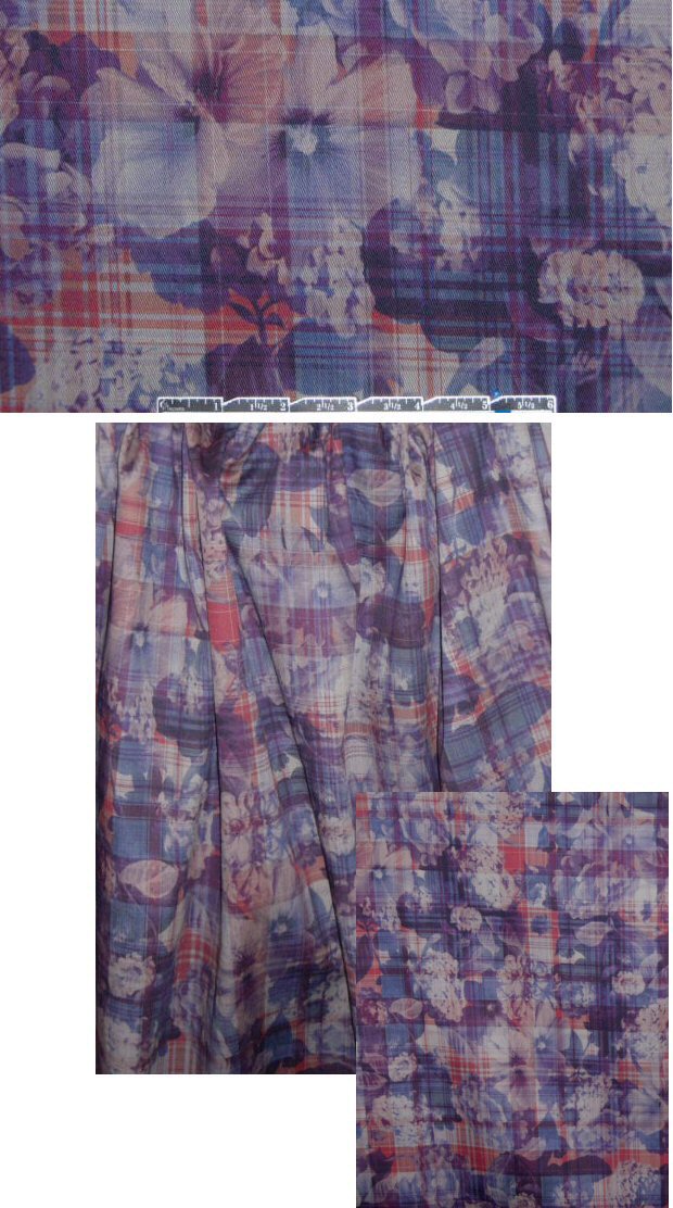 French floral plaid stretch twill - indigo/rust 1.625 yd