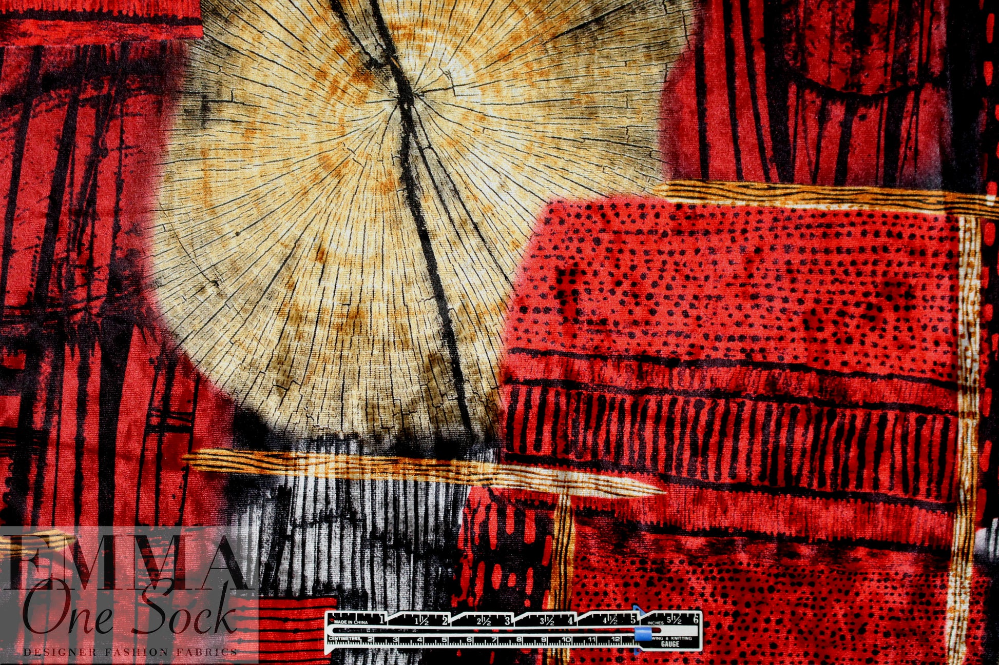 'organic shapes' design stretch velvet - red/tan