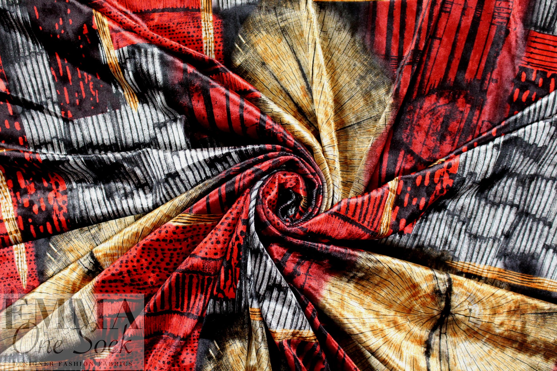 'organic shapes' design stretch velvet - red/tan 1.125 yds