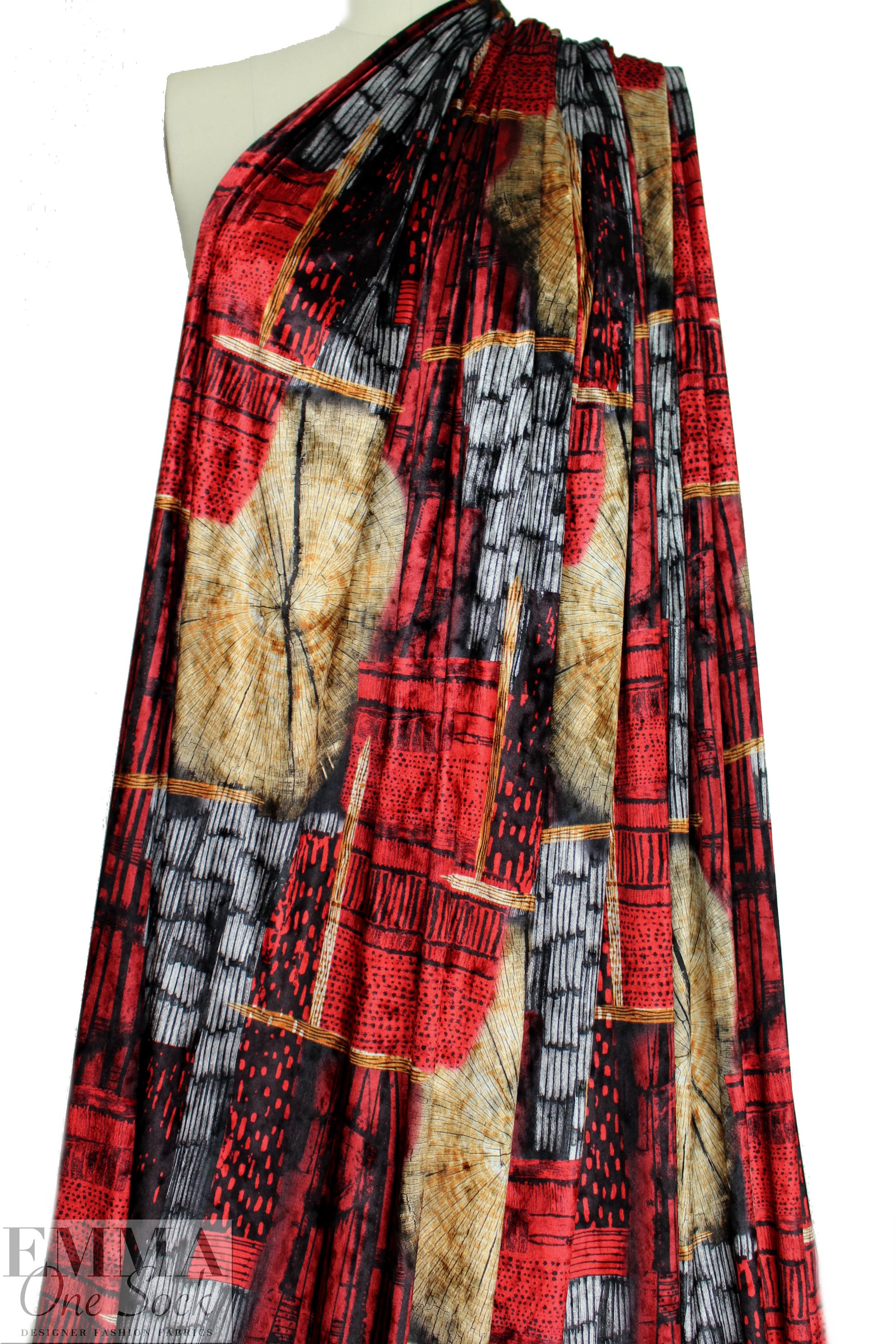 'organic shapes' design stretch velvet - red/tan