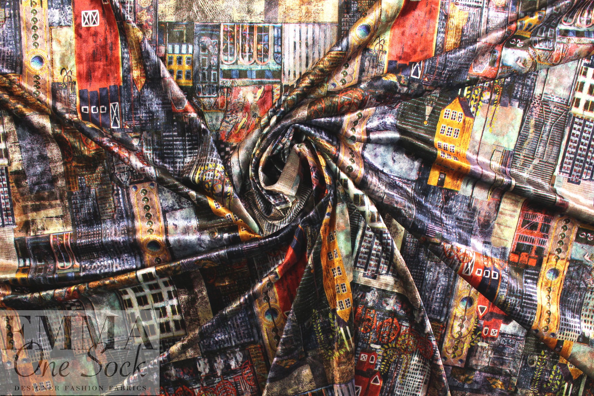 'urban montage' design stretch velvet - cheddar/indigo .5 yds