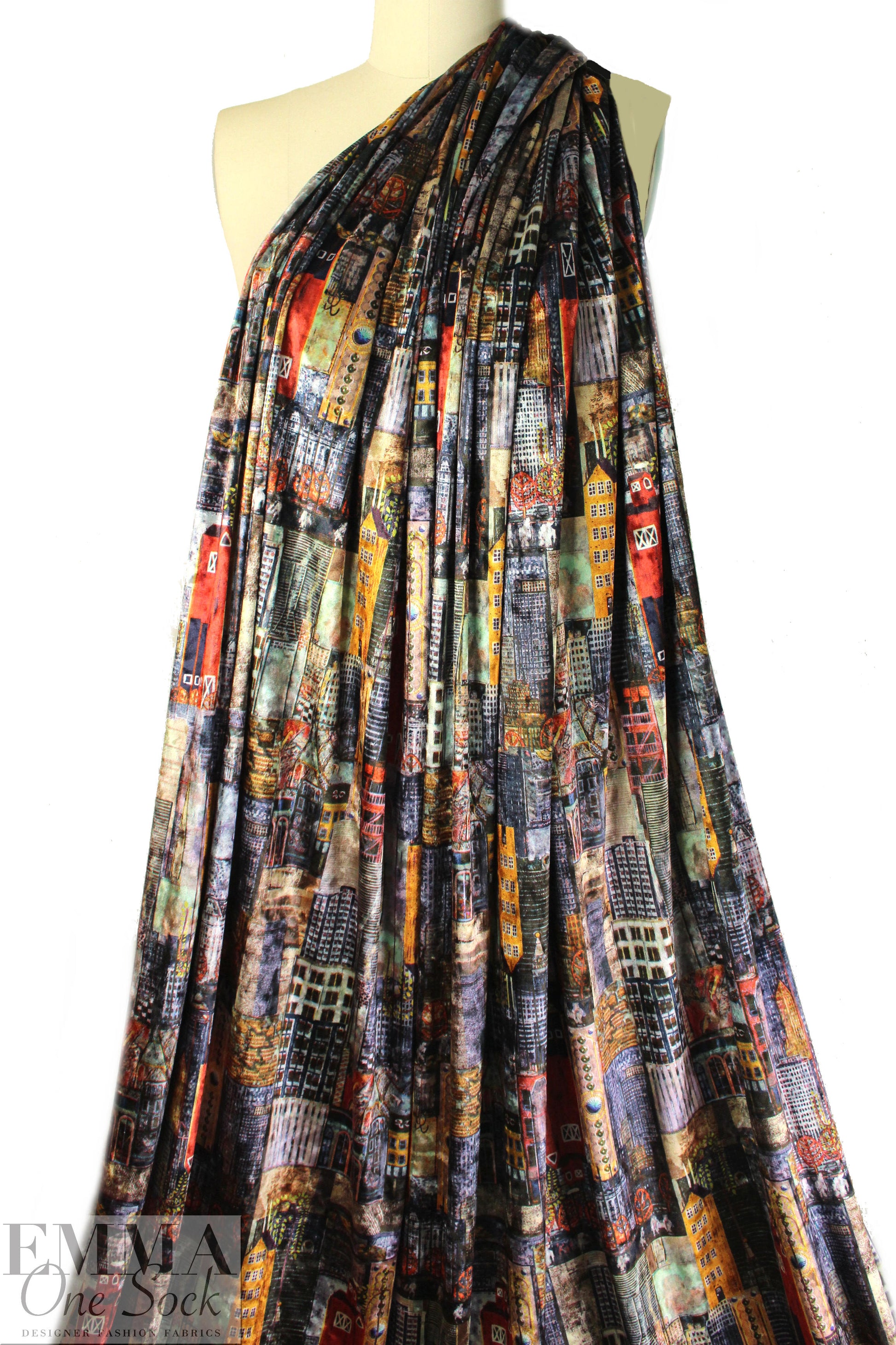'urban montage' design stretch velvet - cheddar/indigo .5 yds