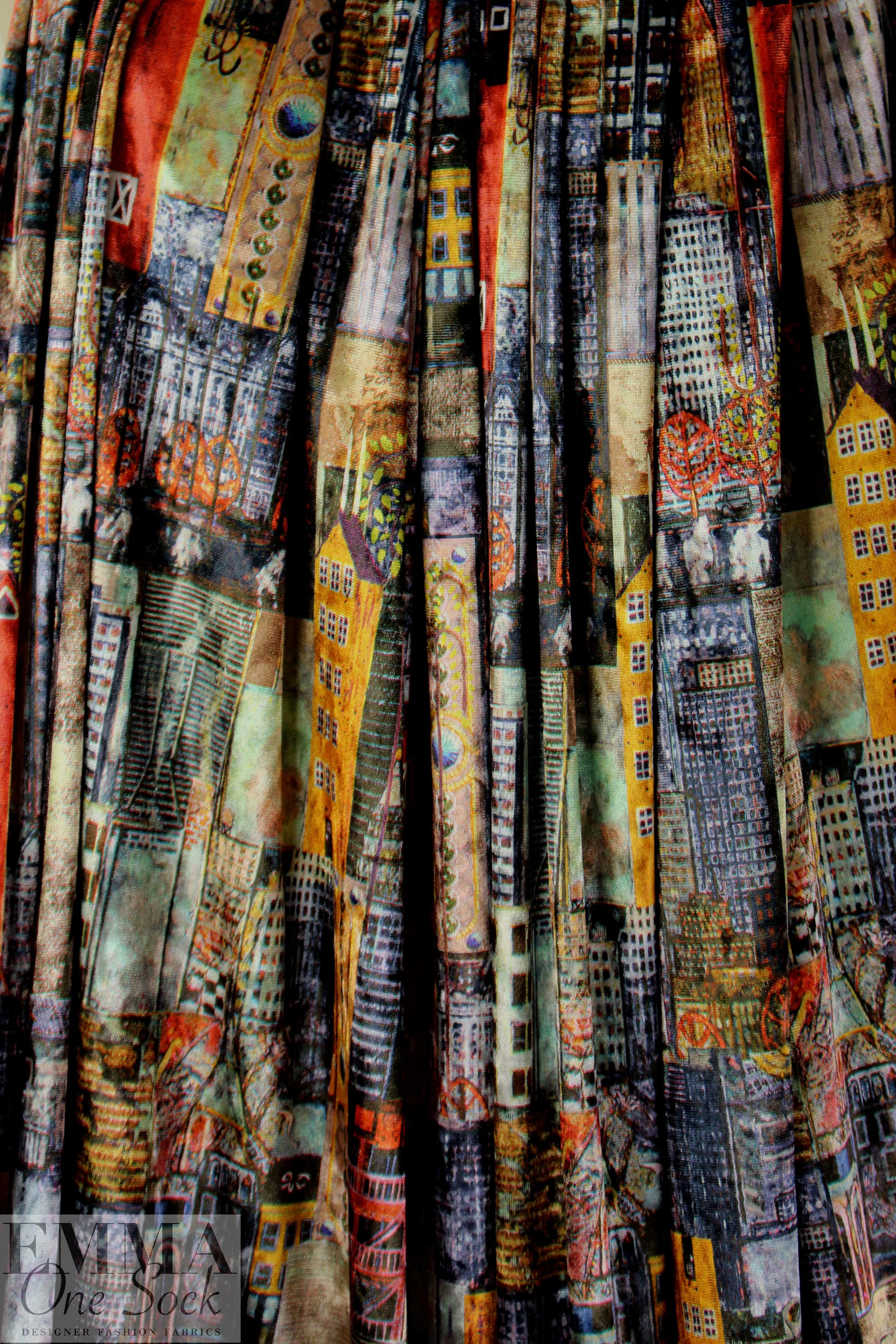 'urban montage' design stretch velvet - cheddar/indigo 1 yard