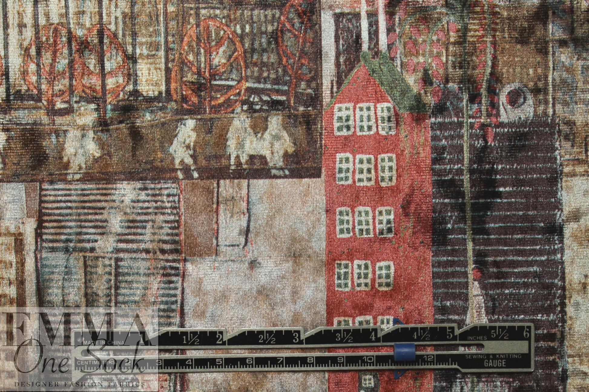 'urban montage' design stretch velvet - mocha/brick 1.625 yd