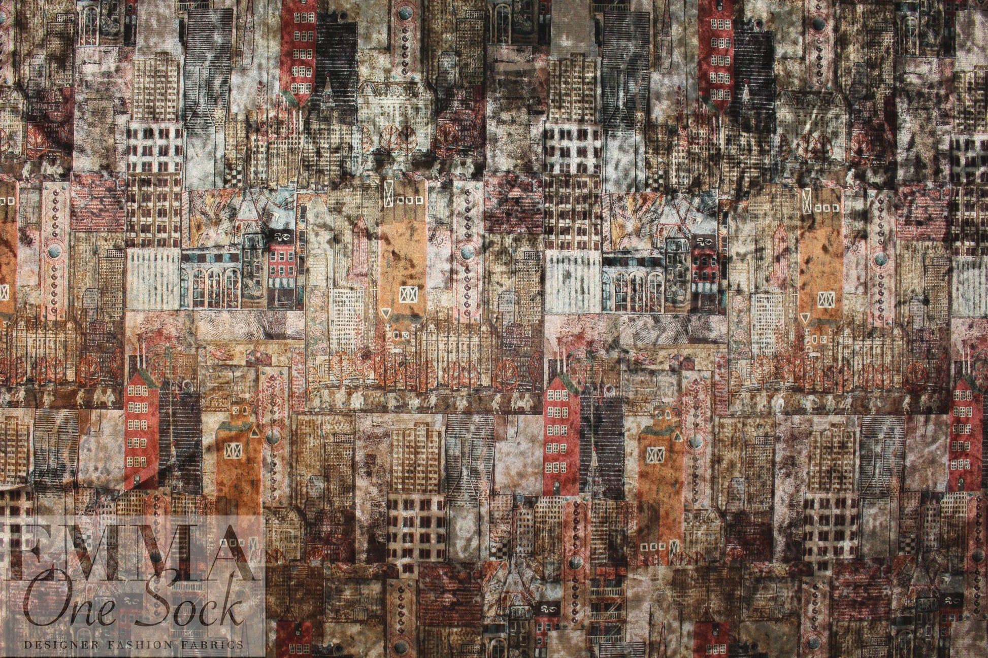 'urban montage' design stretch velvet - mocha/brick 1.625 yd