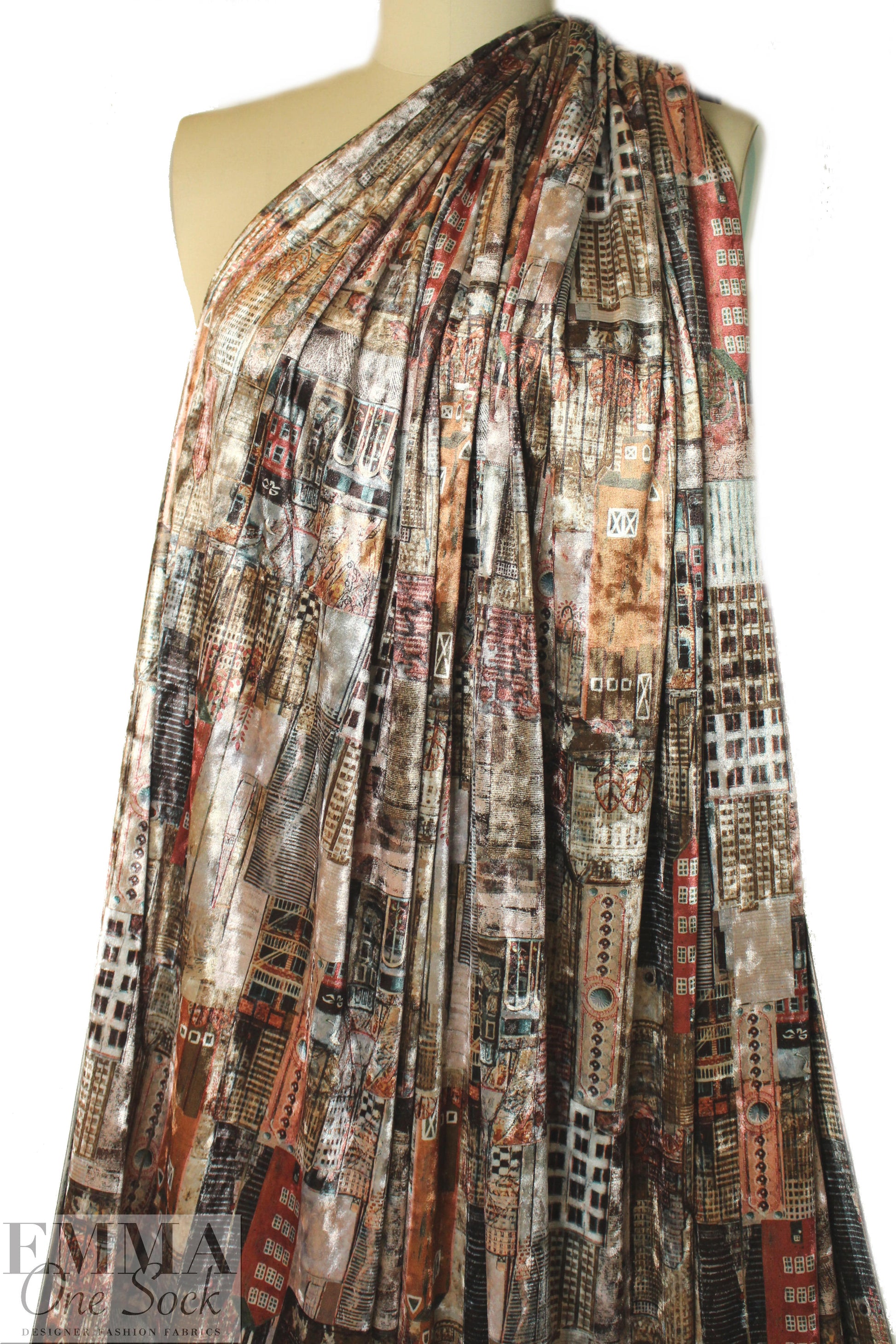 'urban montage' design stretch velvet - mocha/brick 1.5 yd
